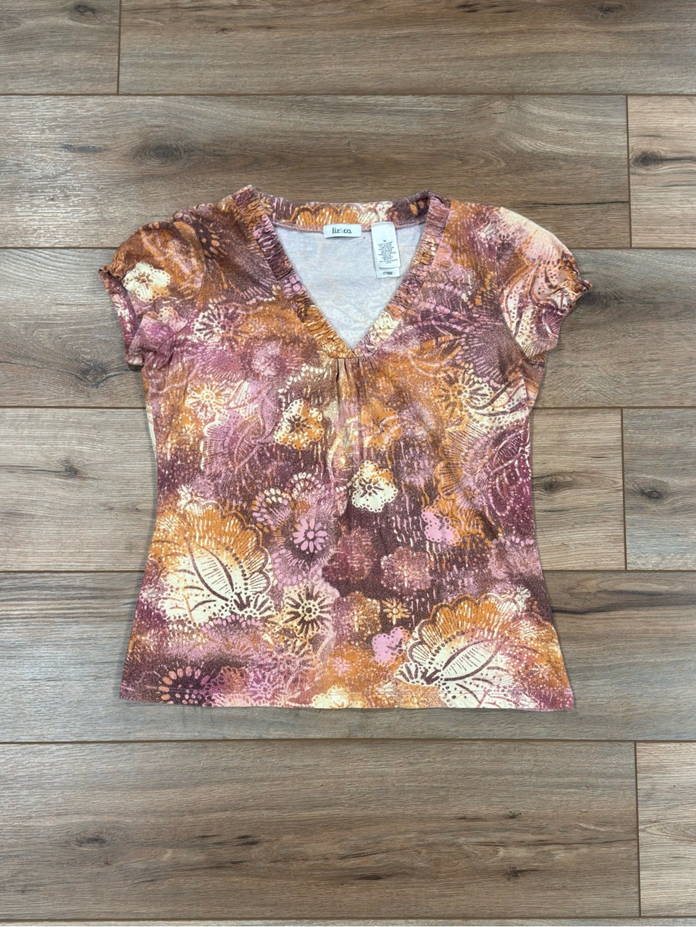 LIZ & CO. Vintage 2000s Y2k Purple Floral Print 100% Cotton Tee | Size Medium